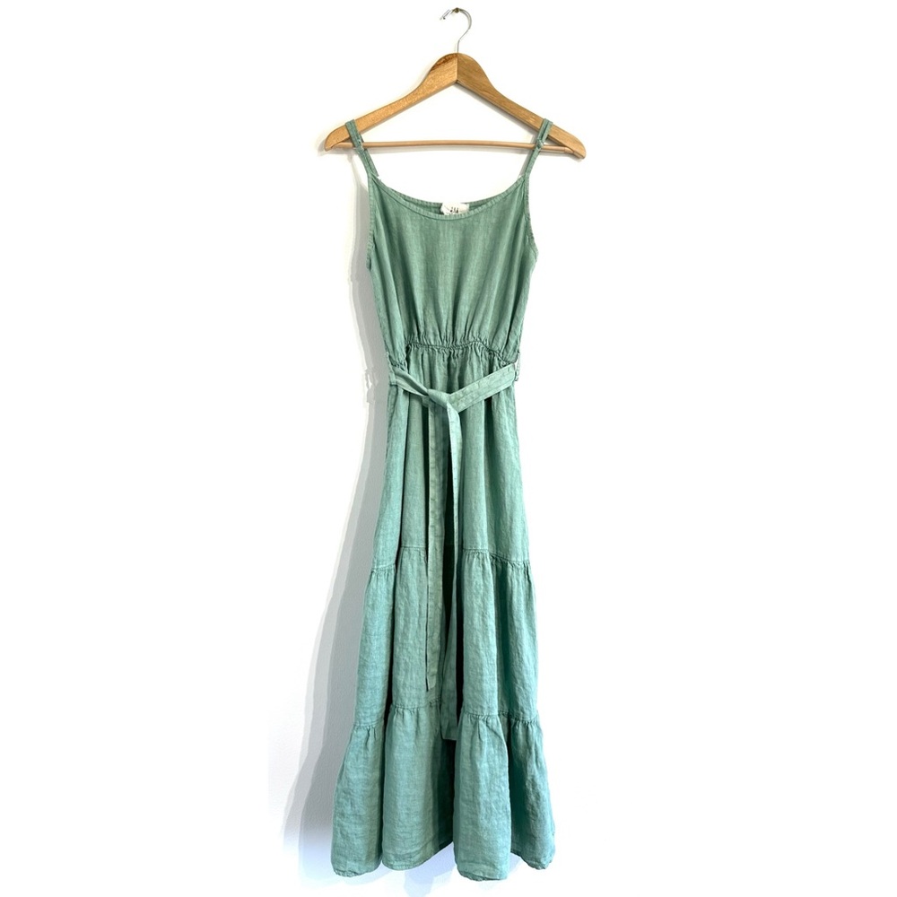 Beachwood Baby midi dress linen aqua color adjustable straps tie waist